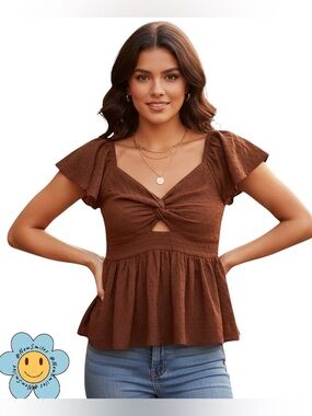Francesca's Collections ~Cute Top ~Chocolate Brown ~Eyelet ~Knot-Front w/Keyhole